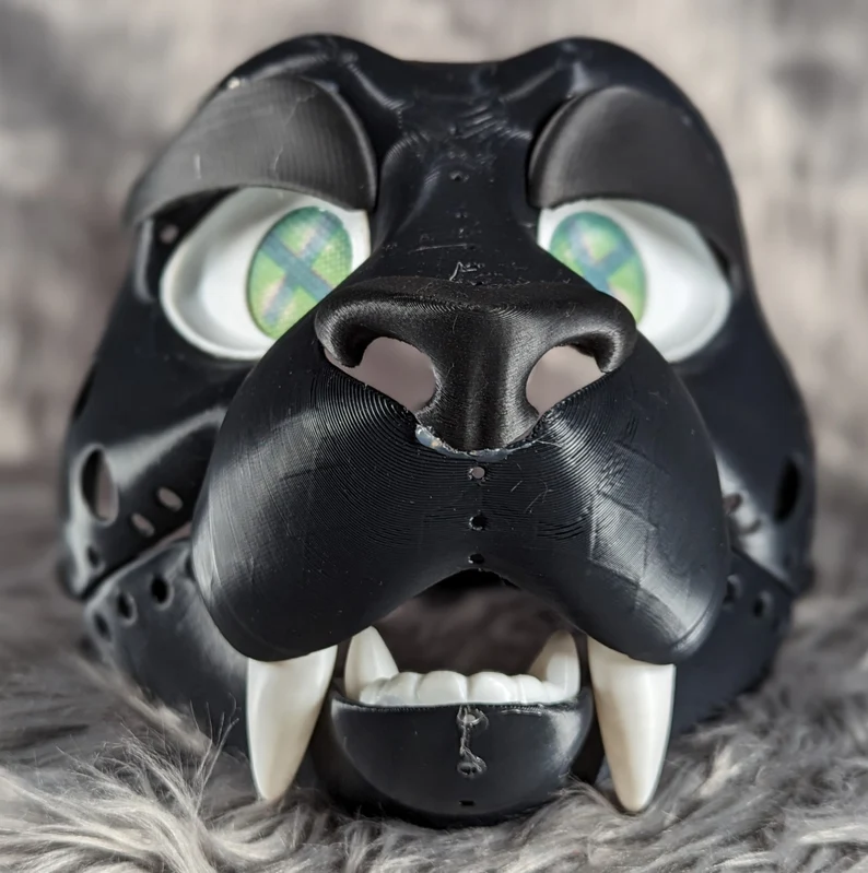 3d Printed Small Saber Tooth Cat Fursuit Head Base with moveable jaw, eyes, teeth and more! PLA, ABS or Squishy TPU! (Copy)