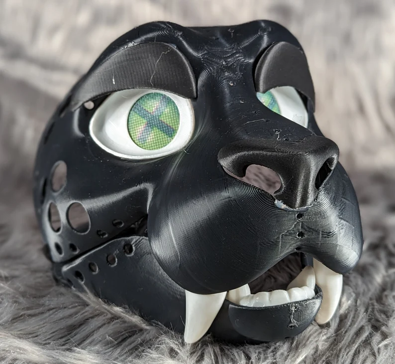 3d Printed Small Saber Tooth Cat Fursuit Head Base with moveable jaw, eyes, teeth and more! PLA, ABS or Squishy TPU! (Copy)