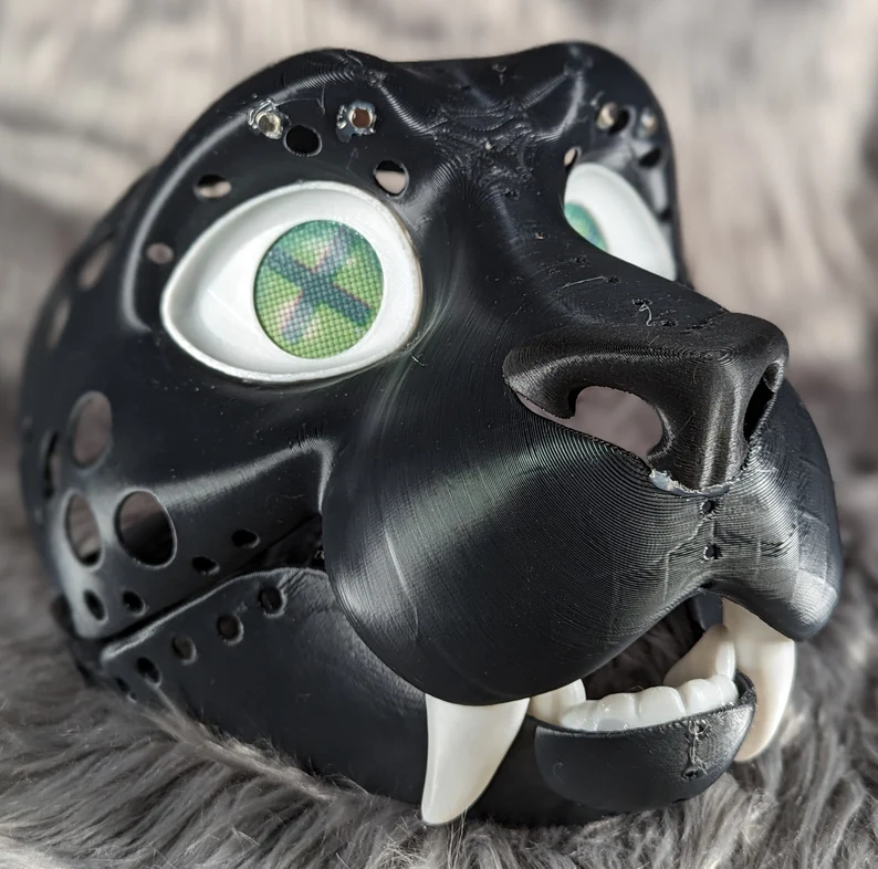 3d Printed Small Saber Tooth Cat Fursuit Head Base with moveable jaw, eyes, teeth and more! PLA, ABS or Squishy TPU! (Copy)