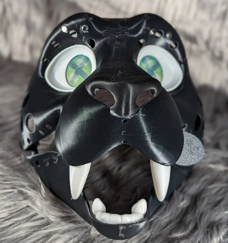 3d Printed Small Saber Tooth Cat Fursuit Head Base with moveable jaw, eyes, teeth and more! PLA, ABS or Squishy TPU! (Copy)